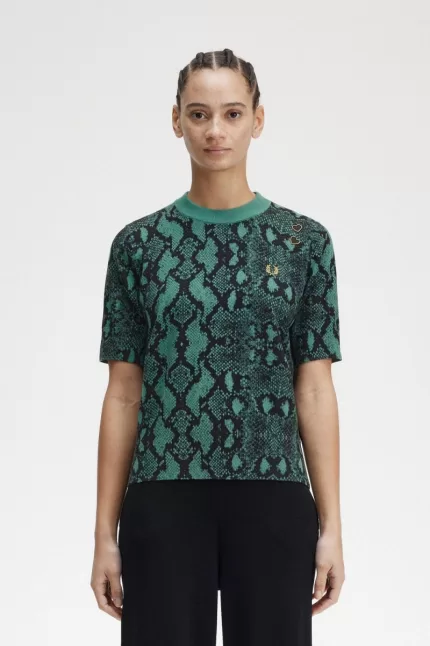 Fred Perry Snake Print Women’s Jumper Deep Mint | DWUCG1582