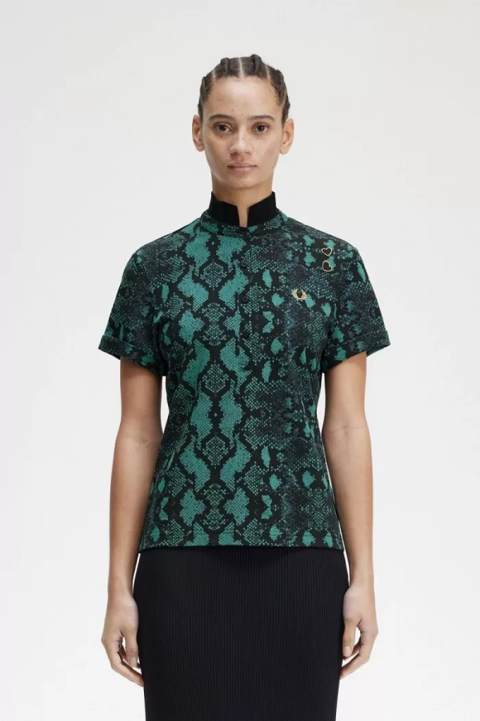 Fred Perry Snake Print Women’s Polo Shirt Deep Mint | QXRLK4790