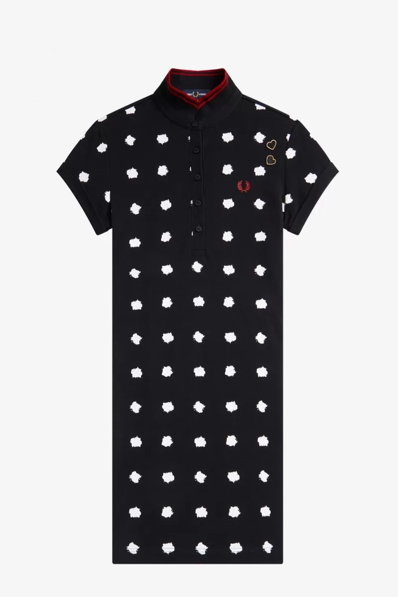 Fred Perry Spot Print Pique Womens Dress Black PDNYX2478 - Fred Perry Spot Print Piqué Women's Dress Black | PDNYX2478