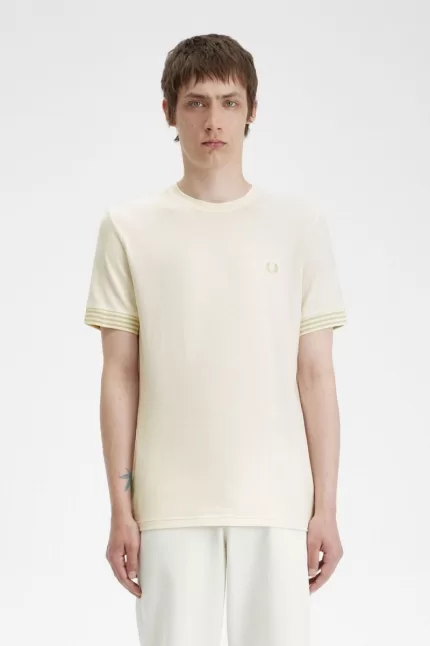 Fred Perry Striped Cuff Men’s T-Shirt Beige | BJCLN0324