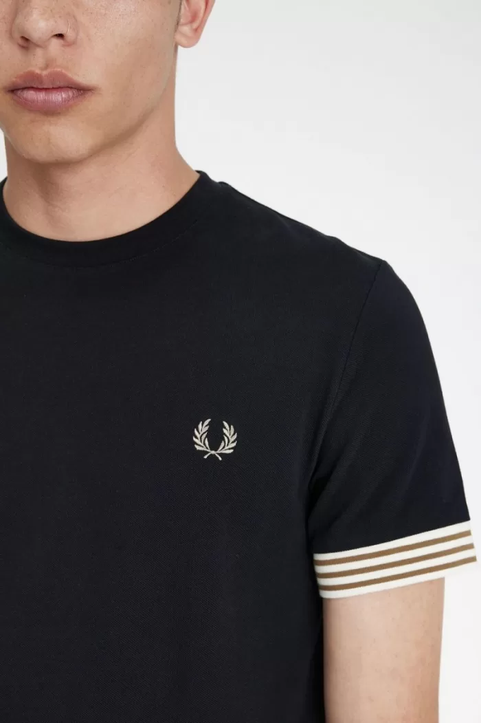 Fred Perry Striped Cuff Men’s T-Shirt Black | WUKSJ3472