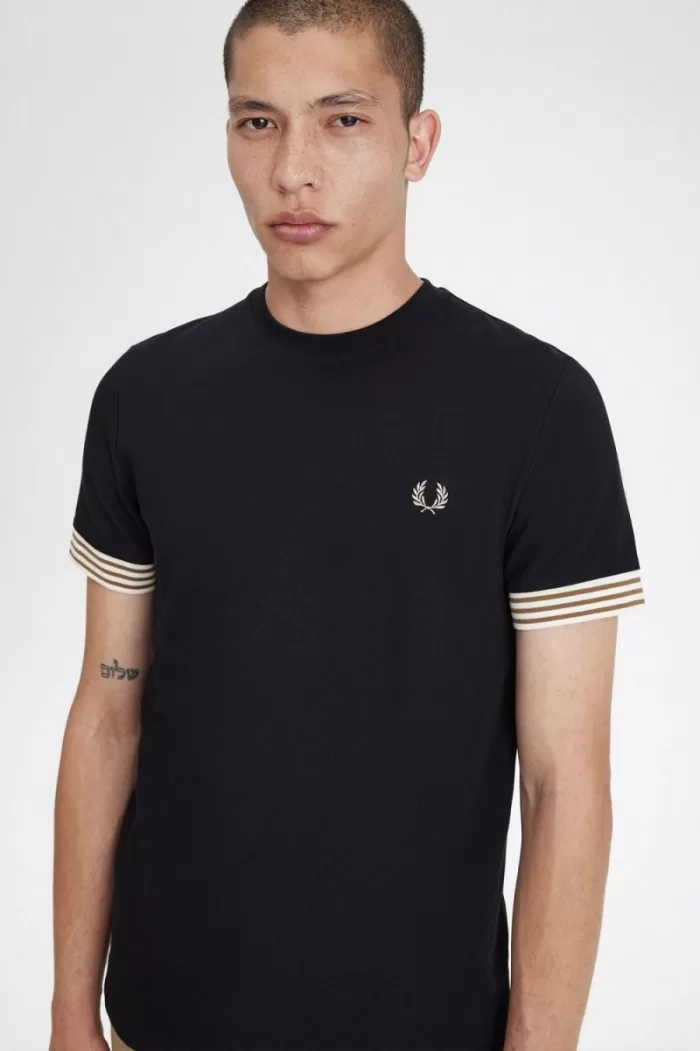 Fred Perry Striped Cuff Men’s T-Shirt Black | WUKSJ3472