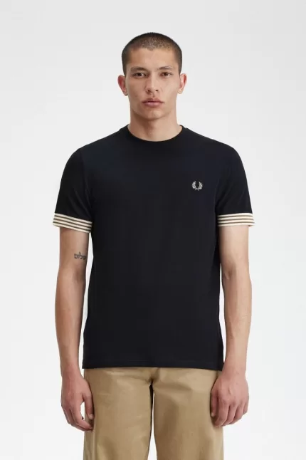 Fred Perry Striped Cuff Men’s T-Shirt Black | WUKSJ3472