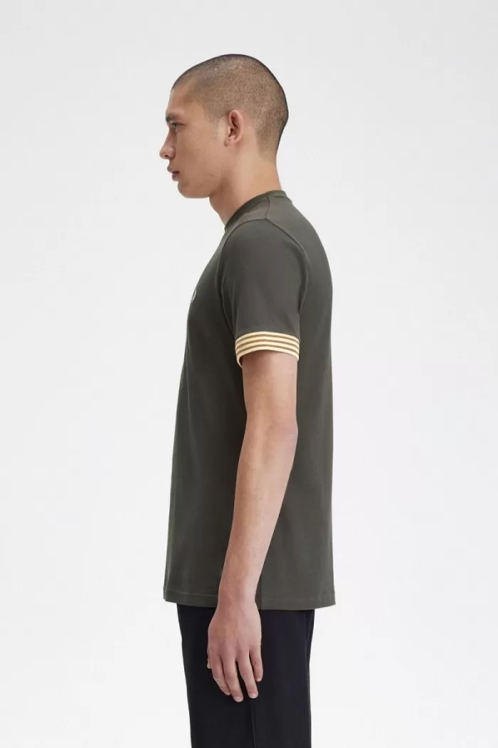 Fred Perry Striped Cuff Men’s T-Shirt Field Green | DKOQV4981