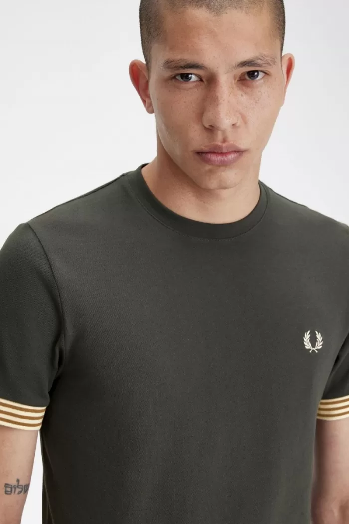 Fred Perry Striped Cuff Men’s T-Shirt Field Green | DKOQV4981