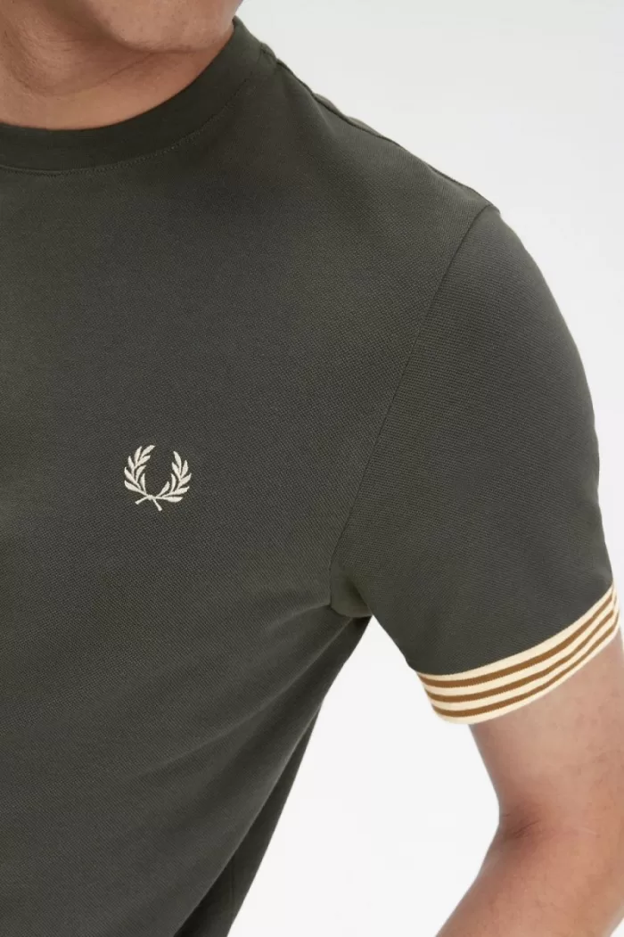 Fred Perry Striped Cuff Men’s T-Shirt Field Green | DKOQV4981