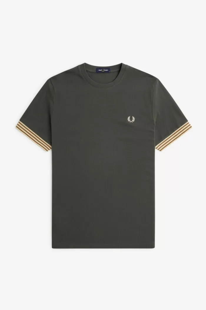 Fred Perry Striped Cuff Men’s T-Shirt Field Green | DKOQV4981