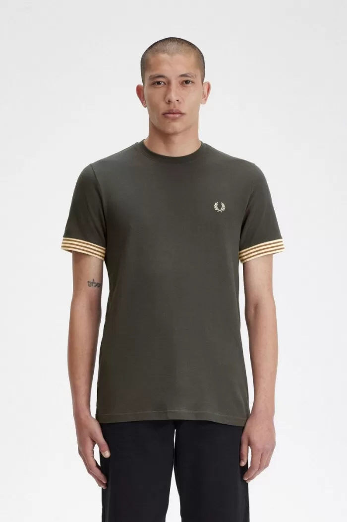 Fred Perry Striped Cuff Men’s T-Shirt Field Green | DKOQV4981