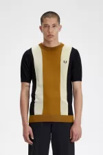 Fred Perry Striped Fine Knit Men’s T-Shirt Black Oatmeal Dark Coffee | URZDE7685