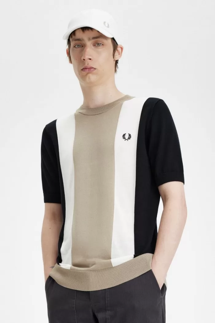 Fred Perry Striped Fine Knit Men’s T-Shirt Black Snow White Warm Grey | MIYTZ4309