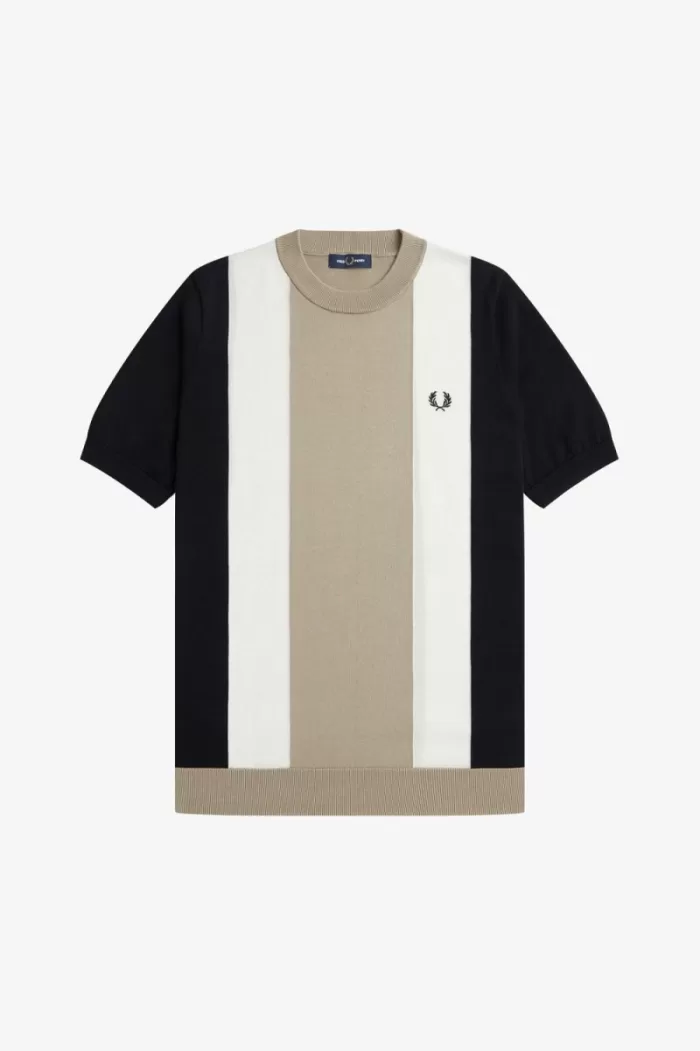 Fred Perry Striped Fine Knit Men’s T-Shirt Black Snow White Warm Grey | MIYTZ4309