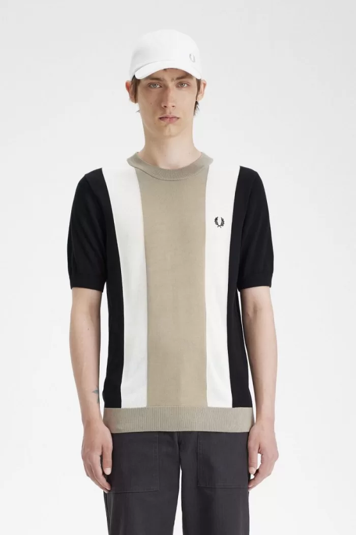 Fred Perry Striped Fine Knit Men’s T-Shirt Black Snow White Warm Grey | MIYTZ4309