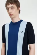 Fred Perry Striped Fine Knit Men’s T-Shirt Navy Turquoise Shaded Cobalt | BGUAD2304