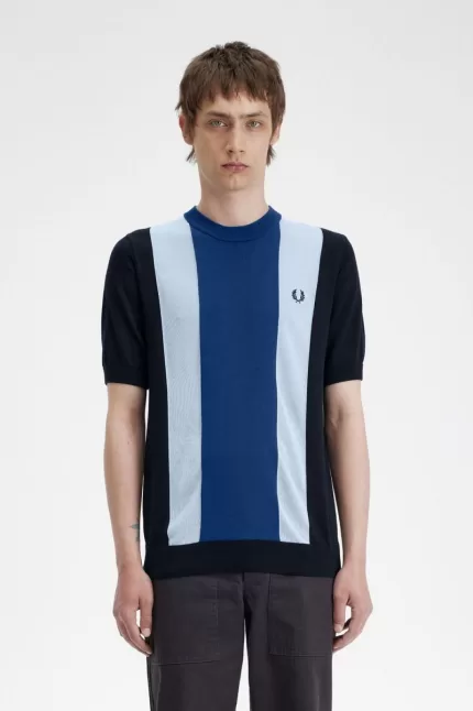 Fred Perry Striped Fine Knit Men’s T-Shirt Navy Turquoise Shaded Cobalt | BGUAD2304