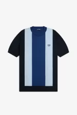 Fred Perry Striped Fine Knit Men’s T-Shirt Navy Turquoise Shaded Cobalt | BGUAD2304