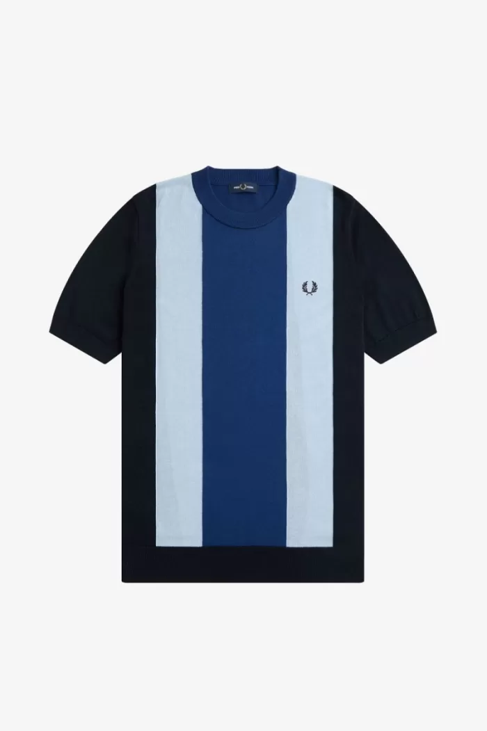 Fred Perry Striped Fine Knit Men’s T-Shirt Navy Turquoise Shaded Cobalt | BGUAD2304