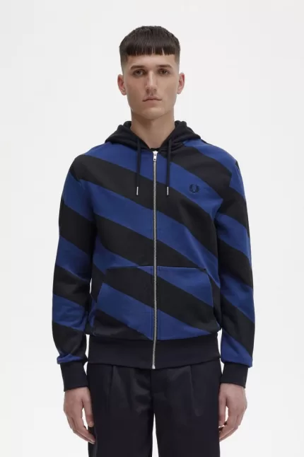 Fred Perry Striped Zip-Through Hooded Men’s Sweatshirts Black | QTNHF9735