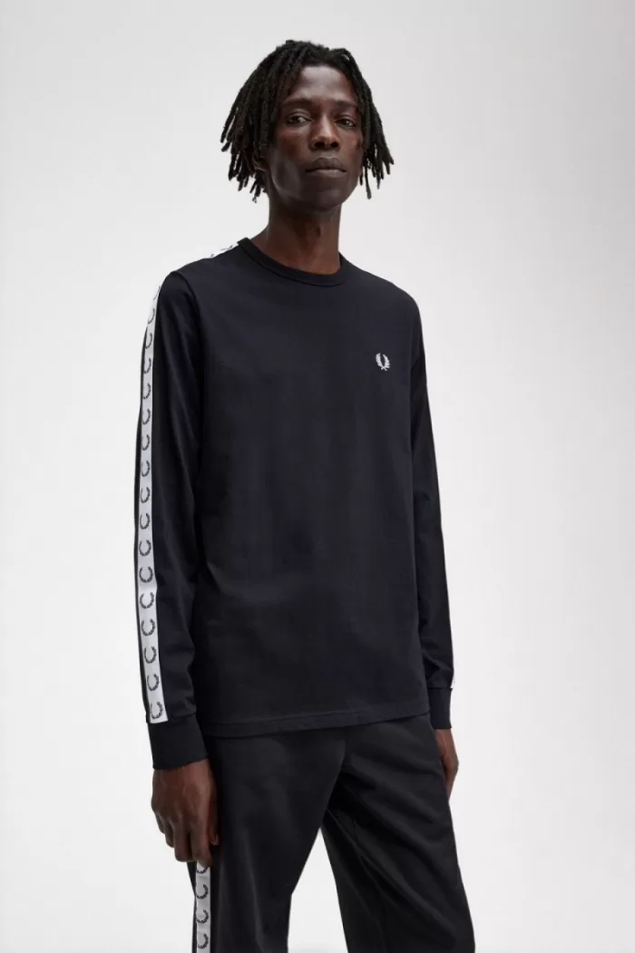 Fred Perry Taped Long Sleeve Men’s T-Shirt Black | ULNAH3758