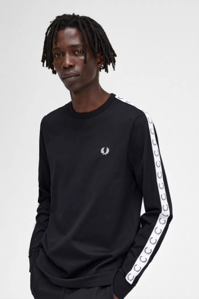 Fred Perry Taped Long Sleeve Men’s T-Shirt Black | ULNAH3758