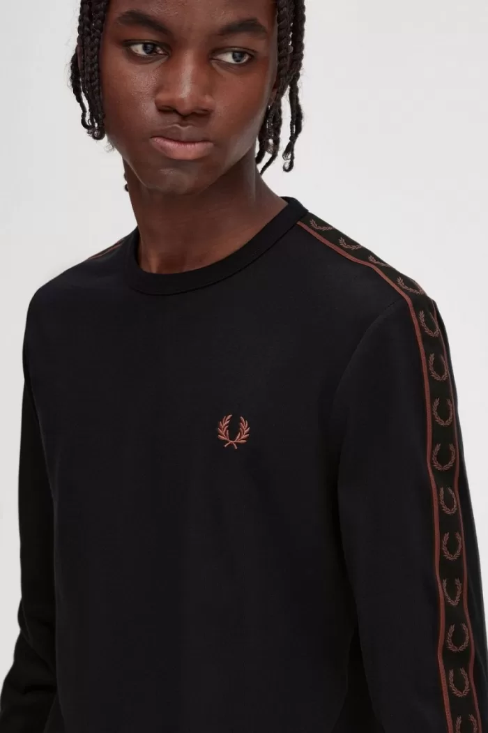 Fred Perry Taped Long Sleeve Men’s T-Shirt Black Whisky Brown | SUTCO7652