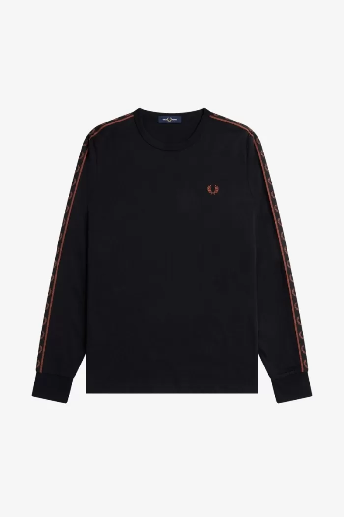 Fred Perry Taped Long Sleeve Men’s T-Shirt Black Whisky Brown | SUTCO7652