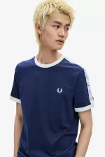 Fred Perry Taped Ringer Men’s T-Shirt Carbon Blue | HUIXL8314