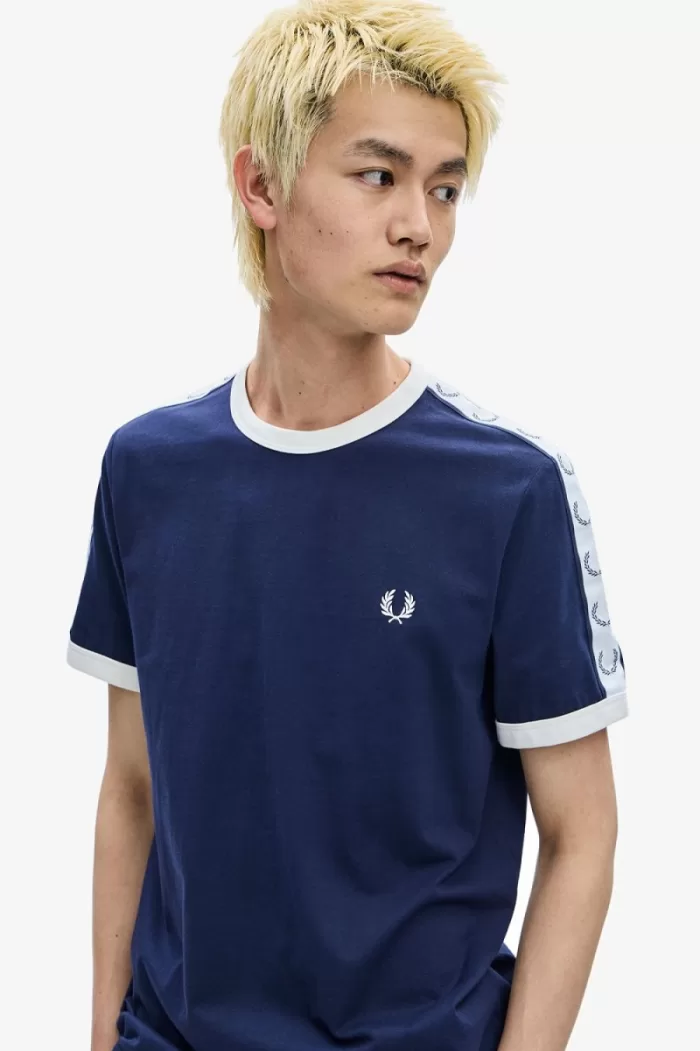 Fred Perry Taped Ringer Men’s T-Shirt Carbon Blue | HUIXL8314