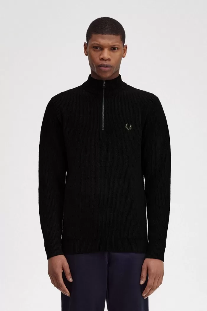 Fred Perry Textured Half Zip Men’s Jumper Black | ISEBP8637