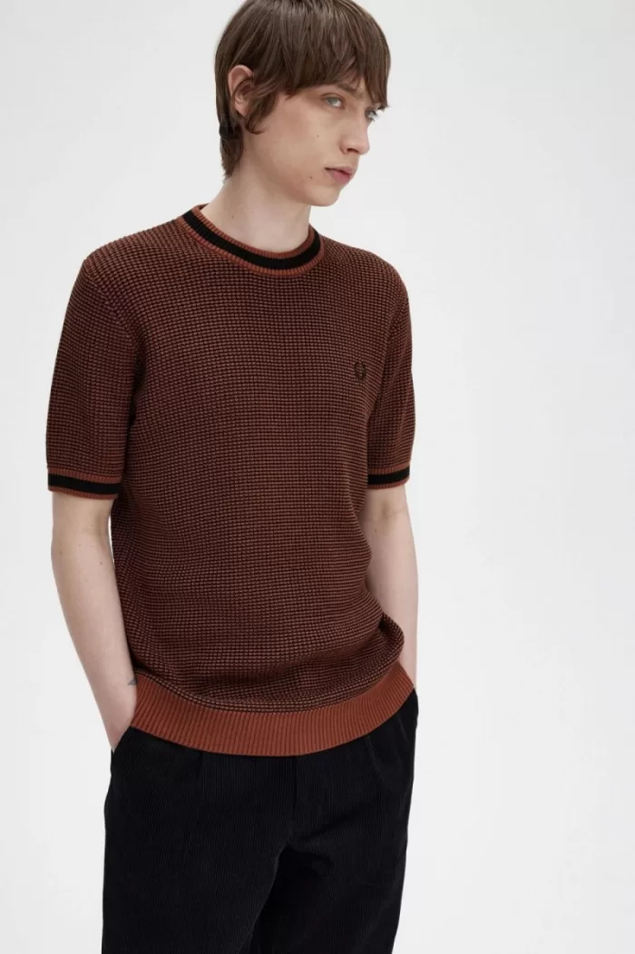 Fred Perry Textured Knitted Men’s T-Shirt Whisky Brown | DRLWG9742