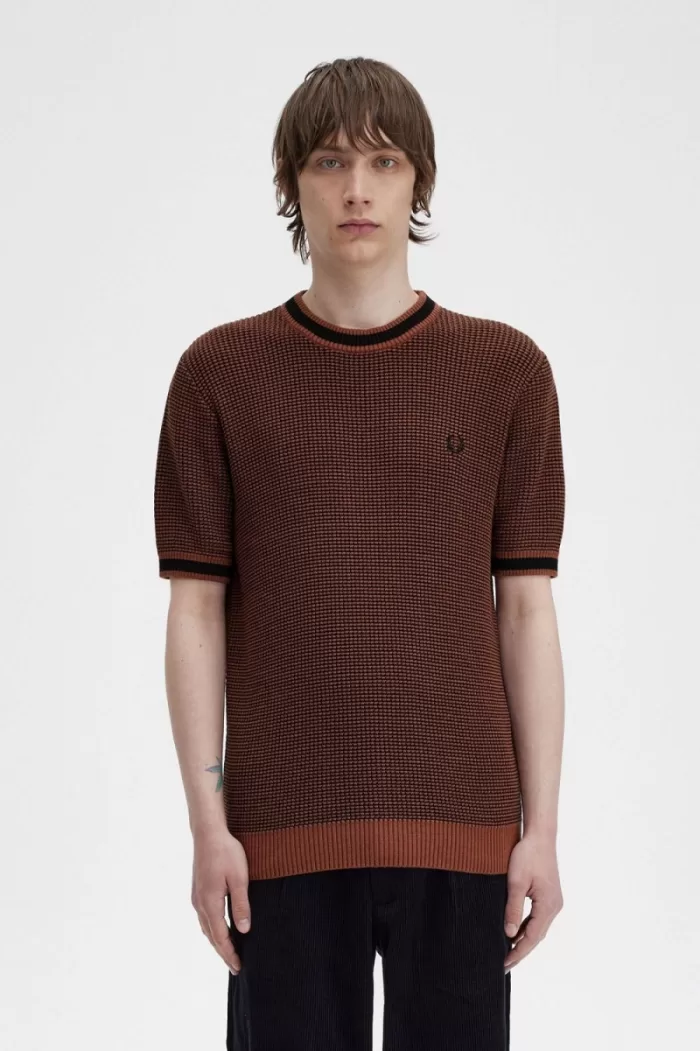 Fred Perry Textured Knitted Men’s T-Shirt Whisky Brown | DRLWG9742