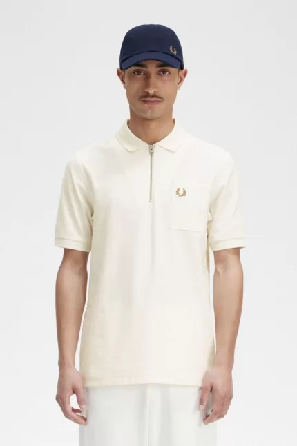 Fred Perry Textured Zip Neck Men’s Polo Shirt Beige | PQCDL4930