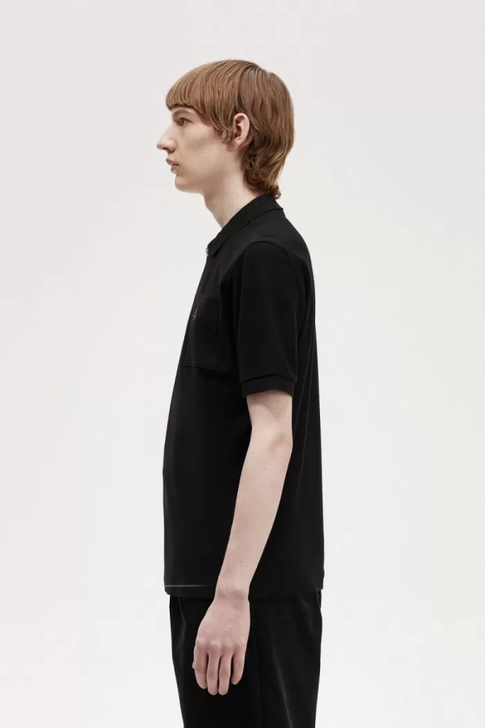 Fred Perry Textured Zip Neck Men’s Polo Shirt Black | KTOBS8074