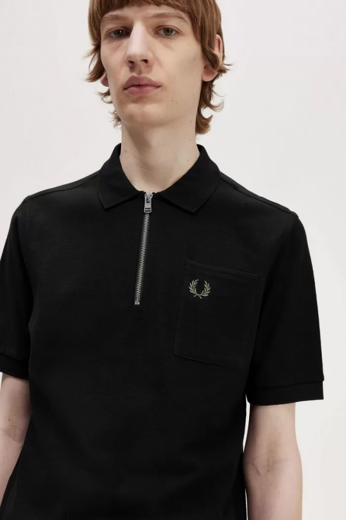 Fred Perry Textured Zip Neck Men’s Polo Shirt Black | KTOBS8074