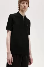 Fred Perry Textured Zip Neck Men’s Polo Shirt Black | KTOBS8074