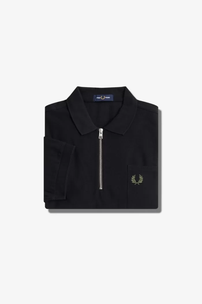 Fred Perry Textured Zip Neck Men’s Polo Shirt Black | KTOBS8074