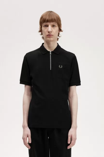 Fred Perry Textured Zip Neck Men’s Polo Shirt Black | KTOBS8074