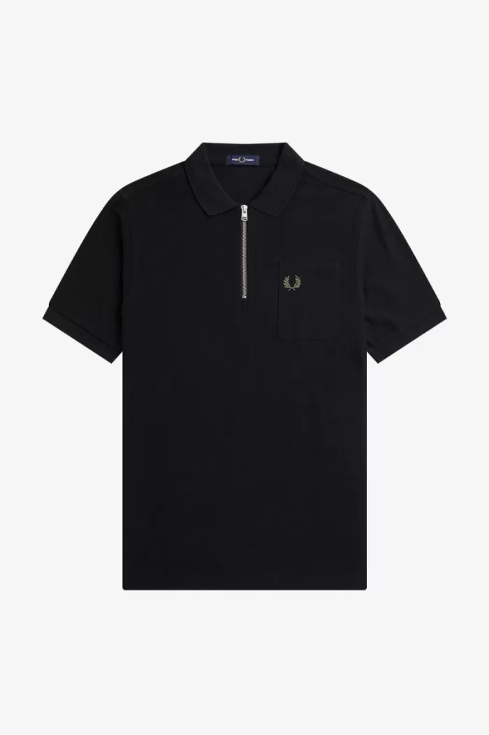 Fred Perry Textured Zip Neck Men’s Polo Shirt Black | KTOBS8074