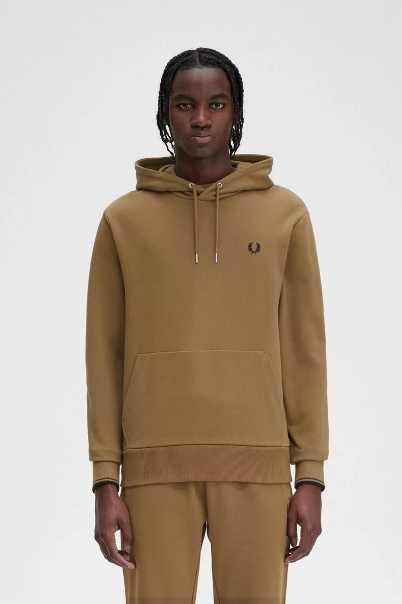 Fred Perry Tipped Hooded Mens Sweatshirts Brown Burnt Tobacco IEYLZ6401 - Fred Perry Tipped Hooded Men's Sweatshirts Brown Burnt Tobacco | IEYLZ6401