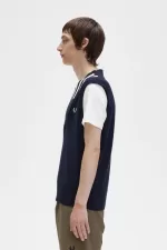 Fred Perry Tipped V-Neck Knitted Men’s Tanks Navy | PCIHB1432