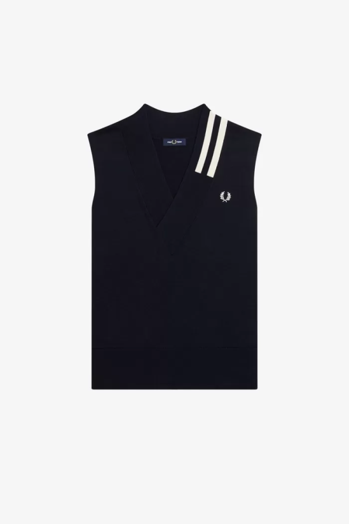 Fred Perry Tipped V-Neck Knitted Men’s Tanks Navy | PCIHB1432