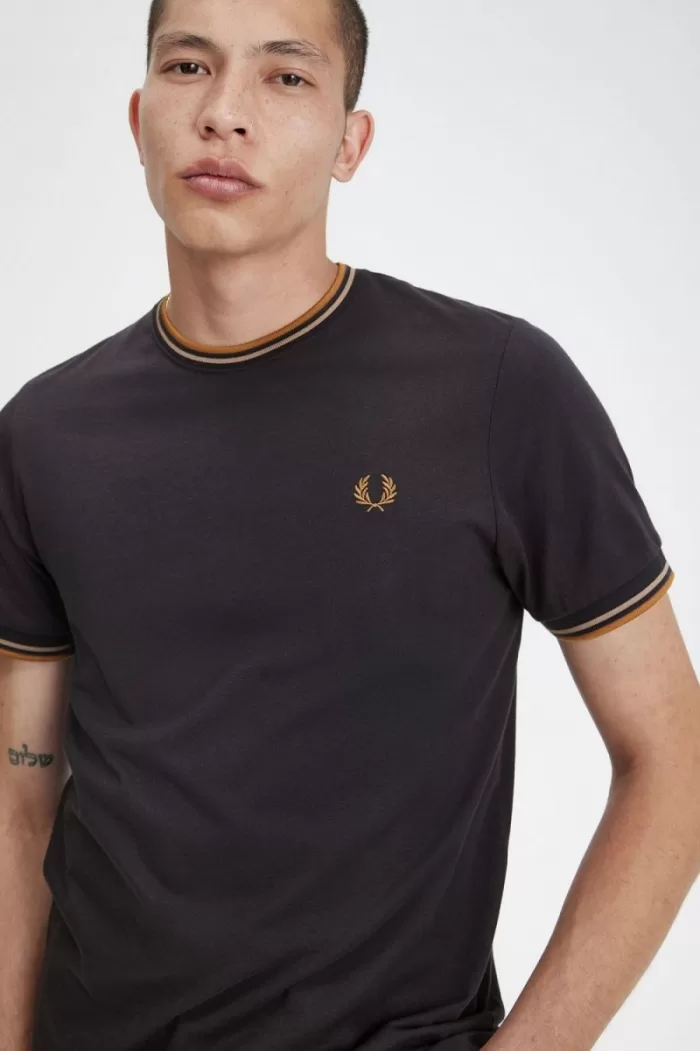 Fred Perry Twin Tipped Men’s T-Shirt Anchor Grey Green Dark Coffee | GNKJD6213