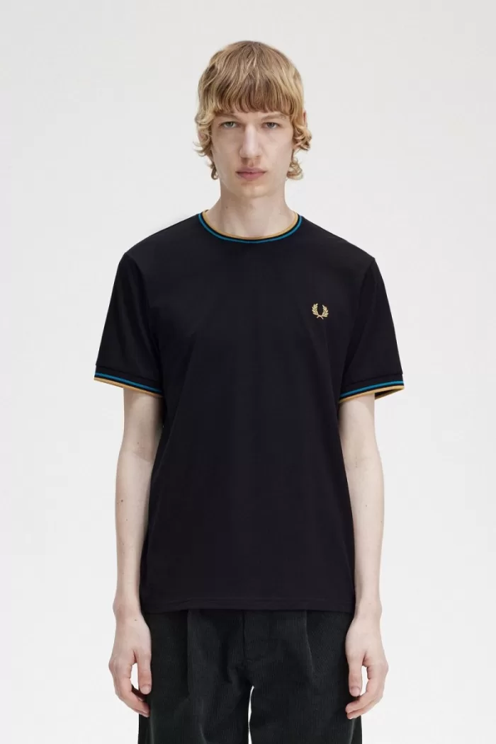 Fred Perry Twin Tipped Men’s T-Shirt Black Cyber Blue Light Rust | KNBSL5398