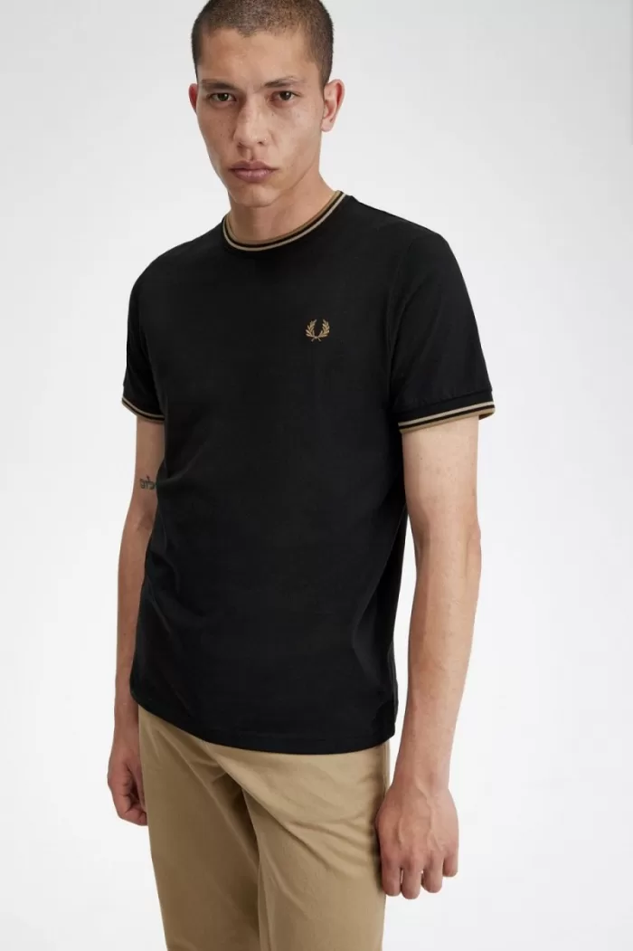 Fred Perry Twin Tipped Men’s T-Shirt Black Green Brown | JLIVD0639