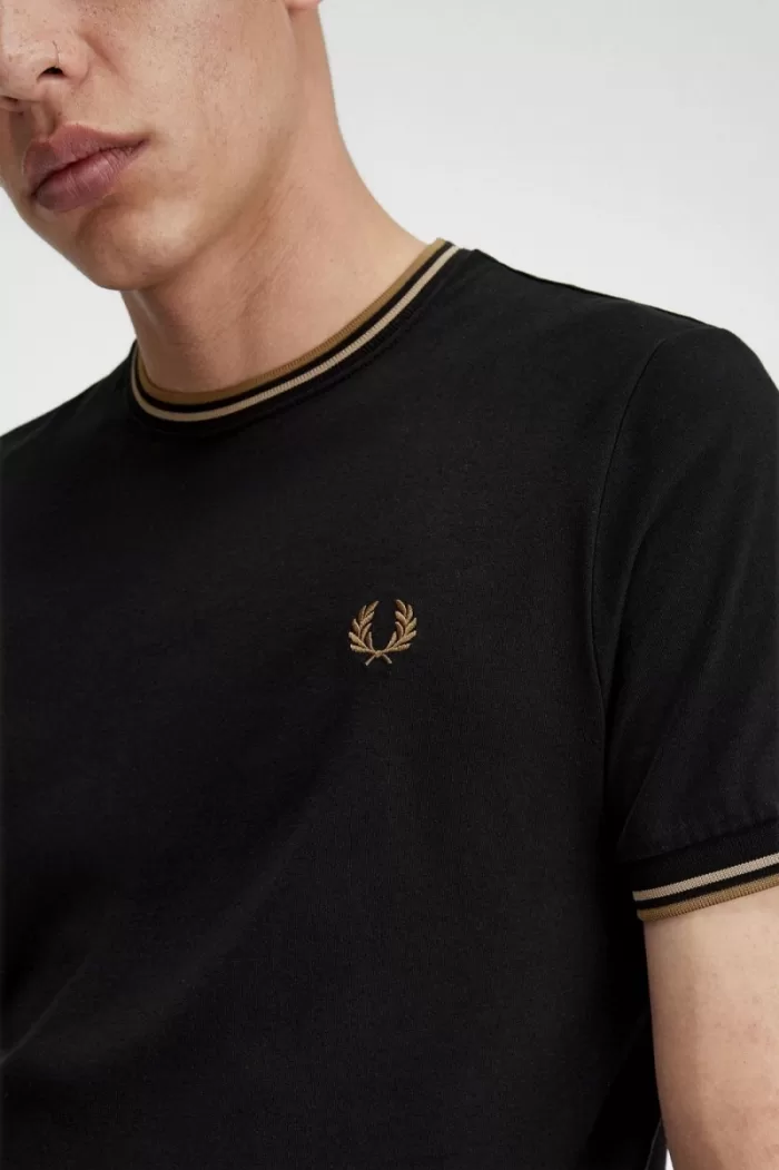 Fred Perry Twin Tipped Men’s T-Shirt Black Green Brown | JLIVD0639