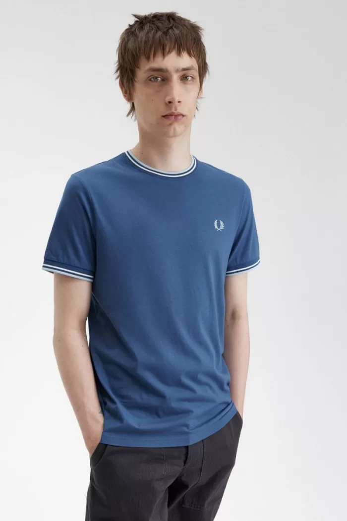 Fred Perry Twin Tipped Men’s T-Shirt Midnight Blue Beige Light Aqua | ROEUW6582