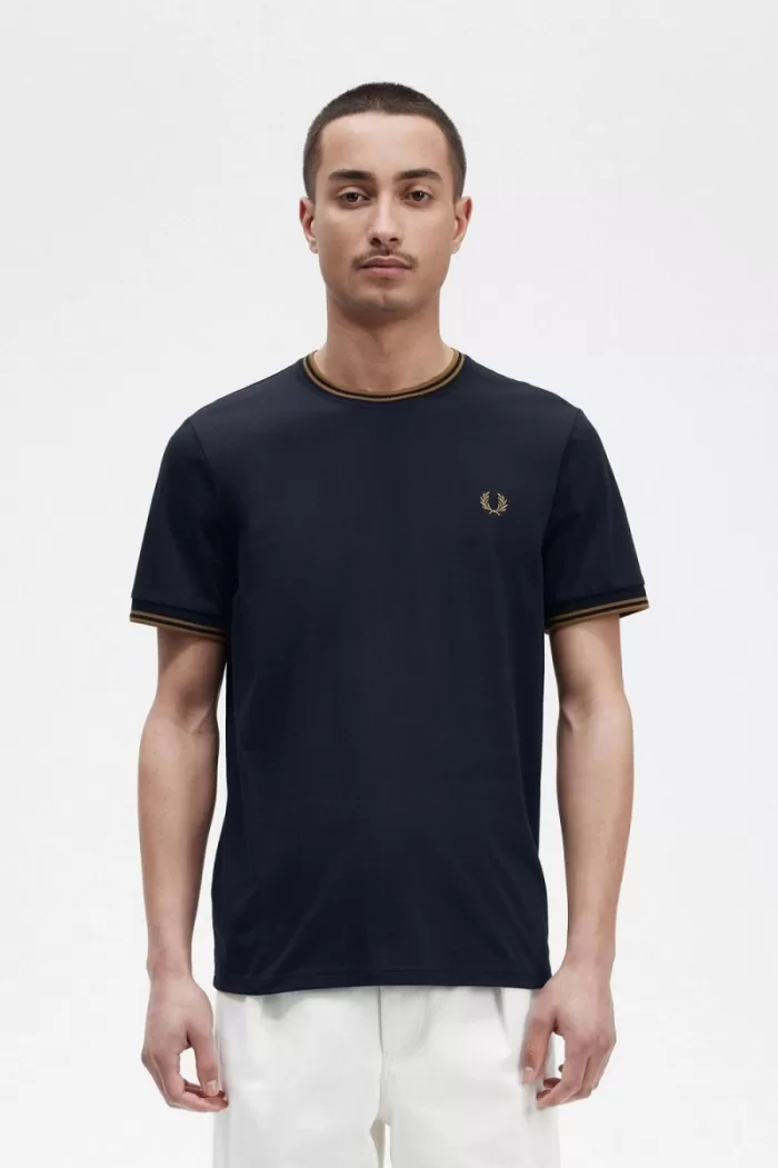 Fred Perry Twin Tipped Men’s T-Shirt Navy Dark Coffee | TQJXS5043