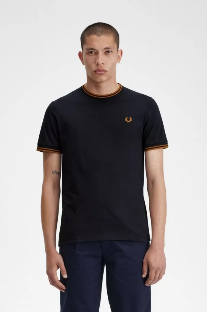 Fred Perry Twin Tipped Men’s T-Shirt Navy Dark Coffee | TQJXS5043