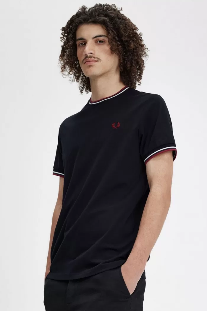 Fred Perry Twin Tipped Men’s T-Shirt Navy Snow White Burnt Red | OCPRG3821