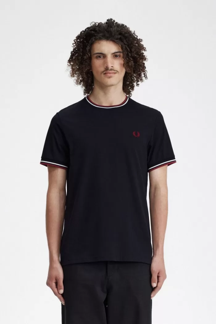 Fred Perry Twin Tipped Men’s T-Shirt Navy Snow White Burnt Red | OCPRG3821