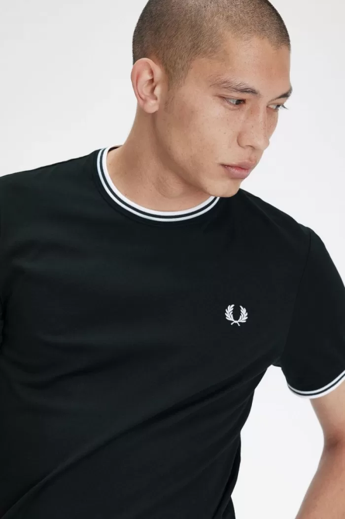 Fred Perry Twin Tipped Men’s T-Shirt Night Green Snow White | LWHGS8306